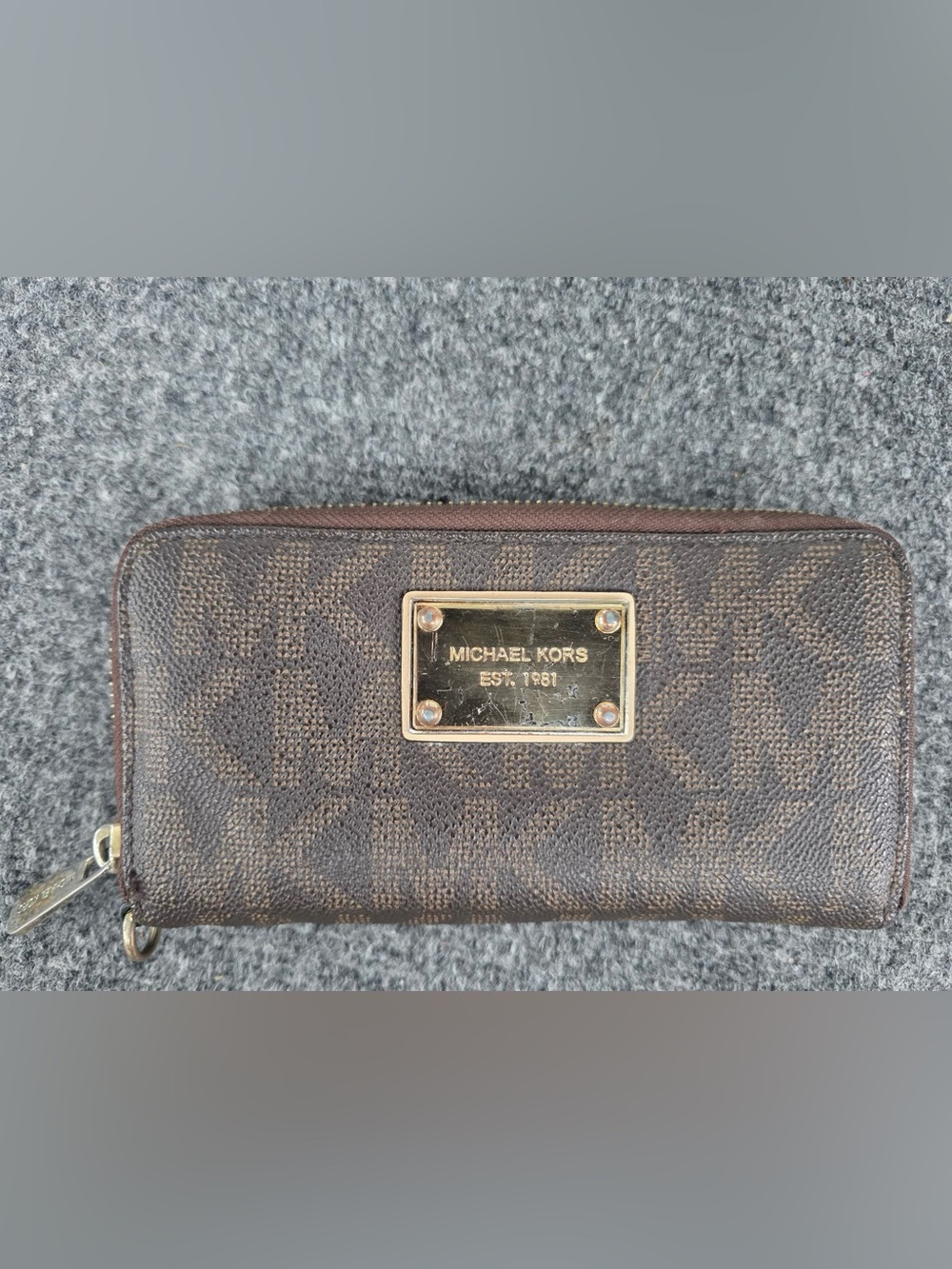 Michael Kors Brown Monogram Zip Wallet with Gold Plaque